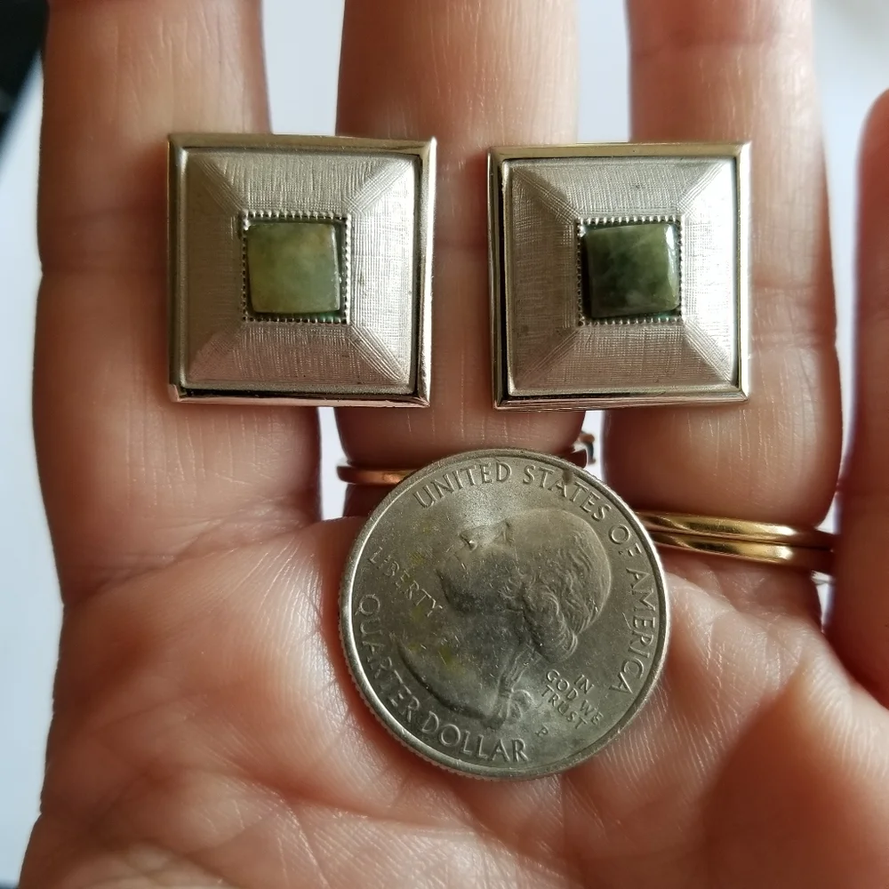 Vintage Swank cuff links silver tone square green stone cufflinks textured men